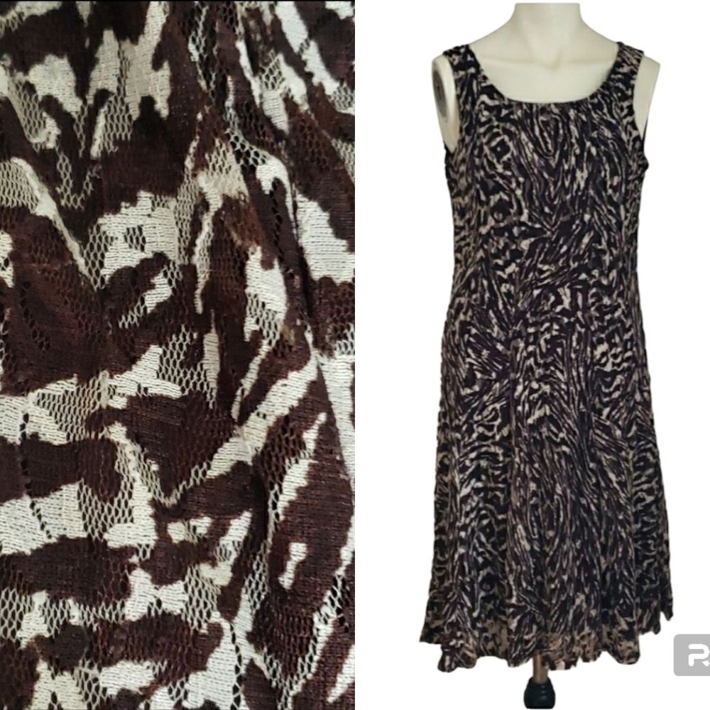 DRESSBARN Animal Print Brown & Cream Nett Overlay Lined Sleeveless Dress, Size 8